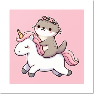 Cute otter Ride unicorn Posters and Art